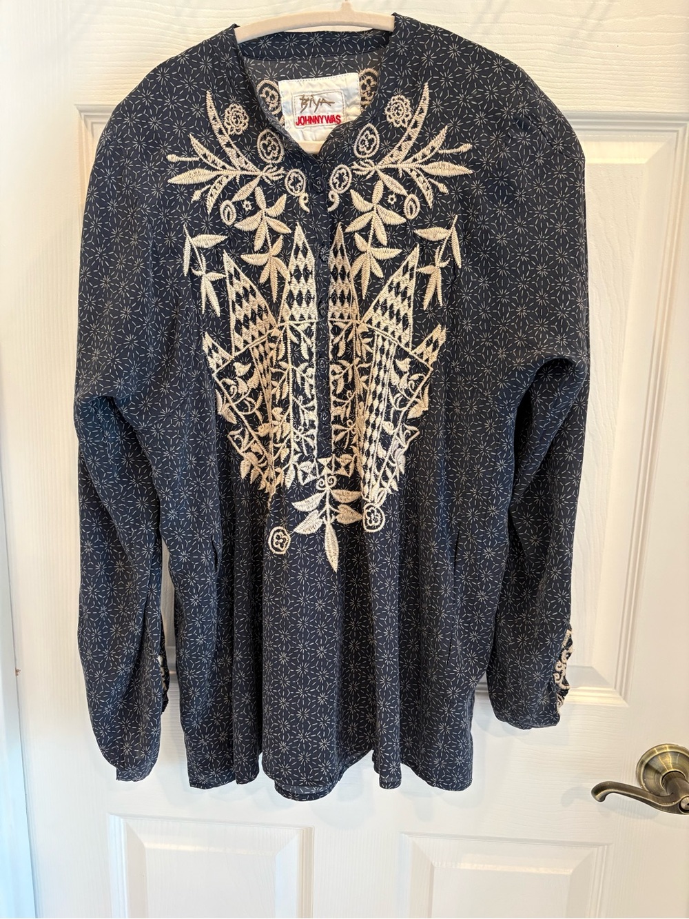 Johnny Was Navy Silk Shirt with Cream Embroidery